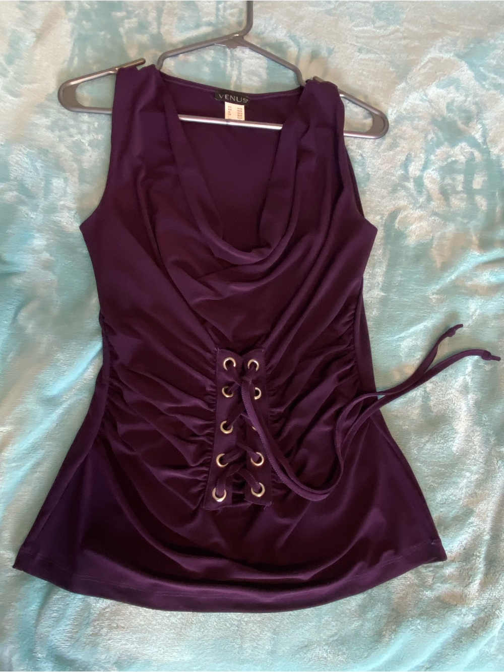 VENUS Deep Purple Lace-Up Cowl Neck Tank